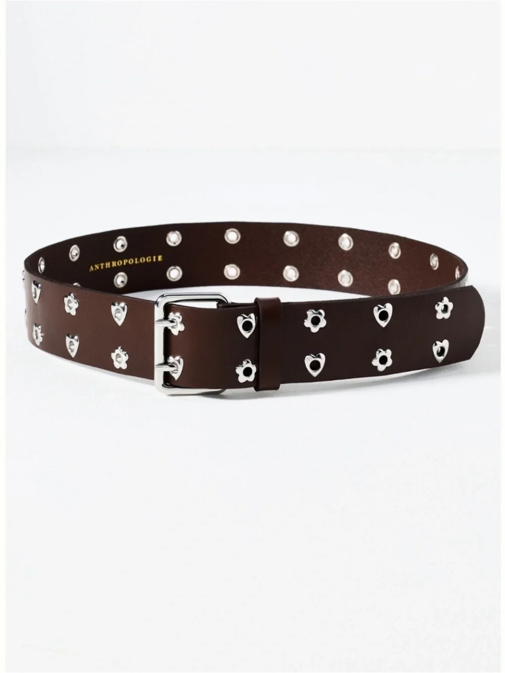Anthropologie Dark Brown Leather Belt with Silver Heart & Flower Studs NWT